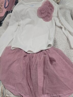 Primark White Top with Pink Floral Accent and Pink Tulle Skirt